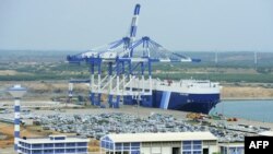 FILE - A photo taken Feb. 10, 2015, shows a general view of Sri Lanka’s deep sea harbor port facilities at Hambantota.