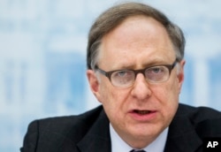 FILE - NATO Deputy Secretary-General Alexander Vershbow speaks during a media conference in Vilnius, Lithuania, March 24, 2016.