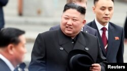 North Korean leader Kim Jong Un arrives at the railway station in the Russian far-eastern city of Vladivostok, Russia, April 24, 2019. 