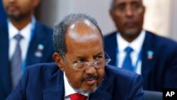 FILE - Somalia's President Hassan Sheikh Mohamud looks on during the US-Africa Leaders Summit 2022, Dec. 13, 2022 in Washington.