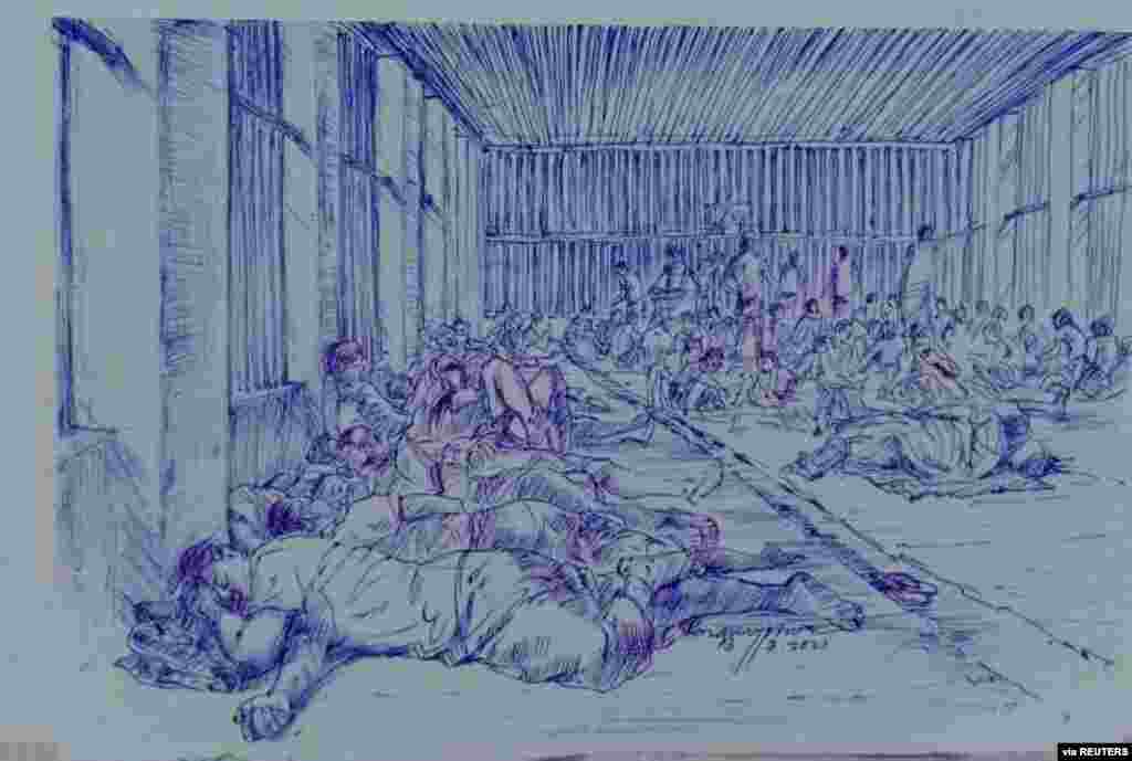 MYANMAR-POLITICS/PRISON -A smuggled sketch shows people inside of Myanmar's Insein prison with a written date April 17, 2021, in this undated picture obtained by REUTERS