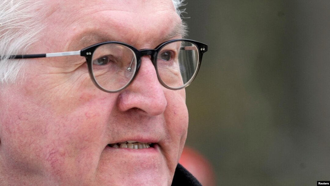 FILE - German President Frank-Walter Steinmeier speaks during news conference at Rukla military base, Lithuania March 3, 2022.
