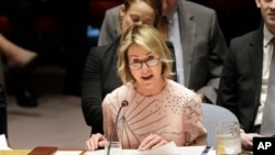 United States ambassador to the United Nations Kelly Craft speaks during a Security Council meeting at United Nations headquarters, Tuesday, Feb. 11, 2020. (AP Photo/Seth Wenig)