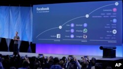 FILE- In this April 12, 2016, file photo, Facebook CEO Mark Zuckerberg talks about the company's 10-year roadmap during the keynote address at the F8 Facebook Developer Conference in San Francisco. 