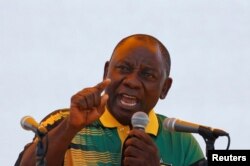 FILE - African National Congress (ANC) President Cyril Ramaphosa addresses supporters during the Congress' 106th anniversary celebrations, in East London, South Africa, Jan. 13, 2018.