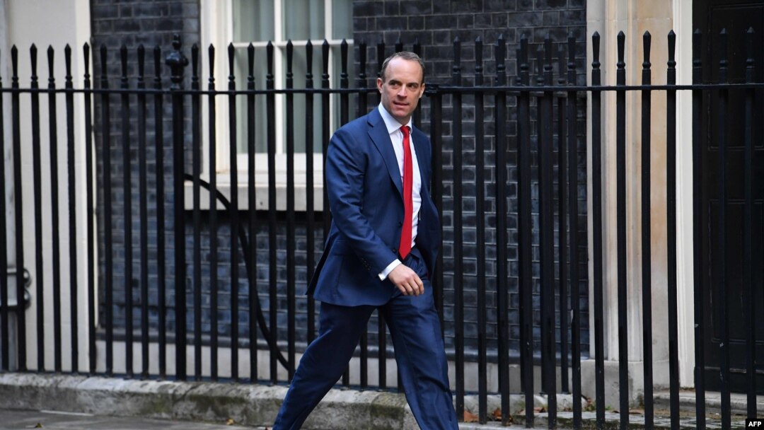 FILE - Britain's Foreign Secretary Dominic Raab arrives in Downing Street in central London on October 8, 2019 for a meeting of the Cabinet.