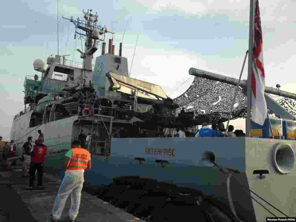 The British warship "Enterprise" docked in Catania, Sicily, after saving more than 650 migrants, mostly Eritreans.