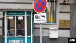 FILE - A policeman guards the entrance of the Azerbaijan embassy in Tehran on Jan. 27, 2023.