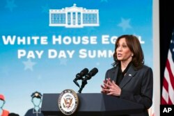 Vice President Kamala Harris speaks during a White House Equal Pay Day Summit at the Eisenhower Executive Office Building on the White House complex, in Washington, March 15, 2022.