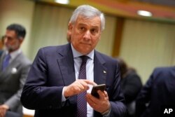 FILE - Italy's Foreign Minister Antonio Tajani attends a meeting at the European Council building in Brussels, Dec. 12, 2022.
