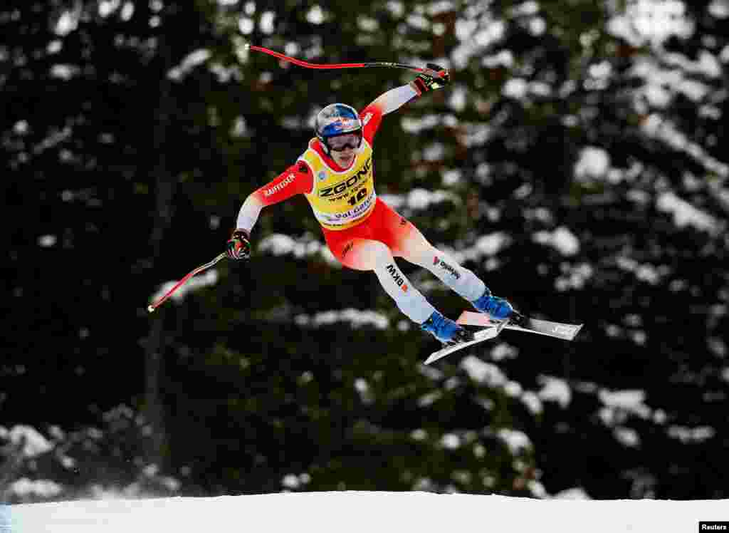 Switzerland's Marco Odermatt compets during the men's downhill alpine skiing in the FIS Alpine Ski World Cup in Val Gardena, Italy.