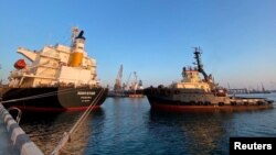The Panama-flagged bulk carrier Navi-star is seen in the sea port in Odesa, Ukraine, after restarting grain export, Aug. 5, 2022.
