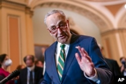 Senate Majority Leader Chuck Schumer, D-N.Y., meets with reporters at the Capitol, April 5, 2022.