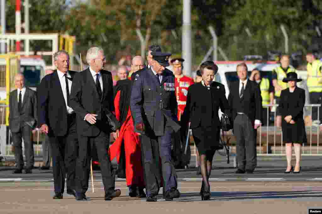 Britain's Anne, The Princess Royal, arrives at Edinburgh Airport as she accompanies the coffin of Queen Elizabeth II on its journey from Edinburgh to Buckingham Palace, London, where it will lie at rest, Sept. 13, 2022.