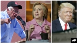 From left, Democratic presidential candidates Bernie Sanders, in Santa Maria, California, May 28, 2016, and Hillary Clinton, in Oakland, California, May 27, 2016, and presumptive Republican presidential candidate Donald Trump, in in Fresno, California, May 27, 2016.