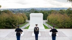 Army Sgt. Chelsea Porterfield, center, the first female Sergeant of the Guard, who recently ended her tour of duty. She is shown on her last day with two other women during the changing of the guard. (Photo courtesy/Sgt. Gabriel Silva/U.S. Army)
