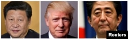 Presiden AS, Donald Trump (tengah) di Washington, 1 Maret 2017, PM Jepang Shinzo Abe (kanan) di Tokyo, 18 November 2014, dan Presiden China Xi Jinping (kiri) di bandara Heathrow, London, 19 Oktober 2015.