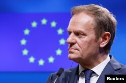 European Council President Donald Tusk looks at Armenia's President Serzh Sargsyan after a meeting in Brussels, Belgium, Feb. 27, 2017.