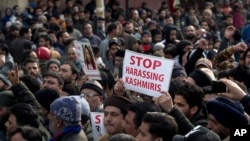 Kashmiris participate in a protest against the targeting of Kashmiri Muslims in Hindu-majority India, in Srinagar, Indian-controlled Kashmir, Feb. 22, 2019.