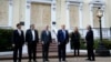Presiden Donald Trump bersama Menteri Pertahanan Mark Esper, Jaksa Agung William Barr dan para pejabat lainnya berfoto di depan Gereja St. John, di Washington, 1 Juni 2020. 