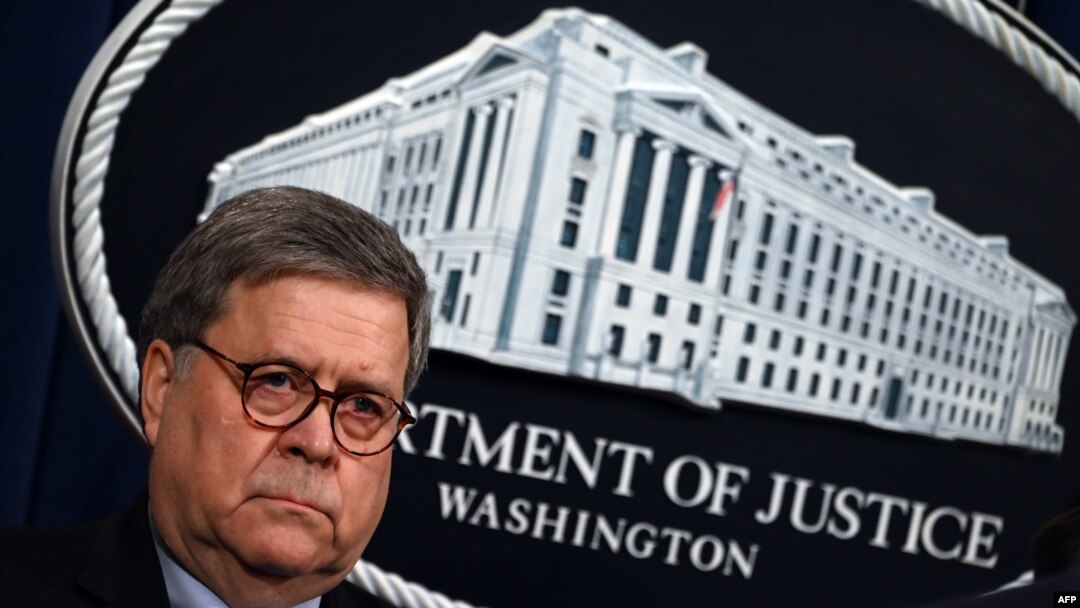 FILE -- U.S. Attorney General William Barr at the Department of Justice in Washington, D.C., Jan. 13, 2020.