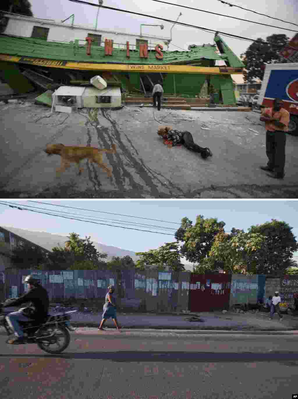 Bagian atas: Pasar Kembar di Port- au -Prince, Haiti ambruk diguncang gempa 12 Januari 2010 . Gambar bawah: Tinggal pagar logam yang masih berdiri di lokasi ini, 10 Januari 2015.