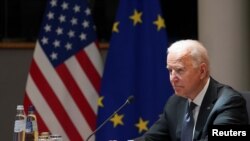 美国总统拜登在布鲁塞尔出席美欧峰会。（2021年6月15日）