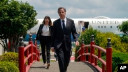 U.S. Secretary of State Antony Blinken prepares to speak to the media before boarding his airplane at Yokota Air Base on the outskirts of Tokyo, July 11, 2022. Blinken arrived in Tokyo to offer condolences in the wake of the assassination of former Prime Minister Shinzo Abe. 