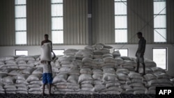 Para petugas mengangkut karung-karung gandum di gudang WFP di Semera, wilayah Afar, Ethiopia untuk didistribusikan ke wilayah yang rawan pangan termasuk Tigray yang dilanda konflik (foto: dok). 