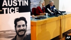 FILE - Marc and Debra Tice, the parents of Austin Tice, who is missing in Syria for nearly six years, speak during a press conference, at the Press Club, in Beirut, Lebanon, Dec. 4, 2018. 