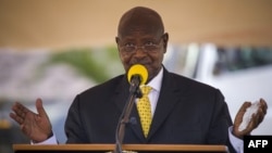 FILE - Uganda's President Yoweri Museveni gives a speech at the Kololo Independence Grounds in Kampala, June 4, 2021. 
