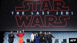 Josh Gad, Daisy Ridley, Kelly Marie Tran, Mark Hamill, Katheen Kennedy and Rian Johnson attend the Star Wars: The Last Jedi panel at the Orange County Convention Center, April 14, 2017, Orlando, Florida.