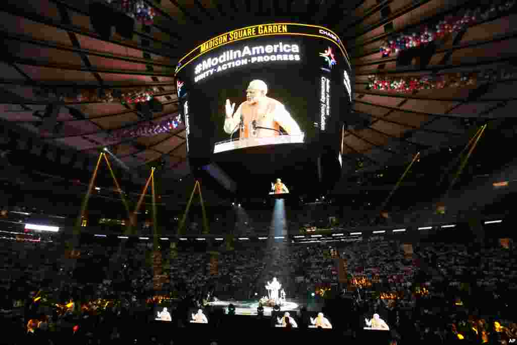 Prime Minister Narendra Modi of India gives a speech during a reception by the Indian community in honor of his visit to the United States, Madison Square Garden, New York, Sept. 28, 2014.