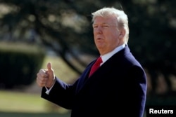 U.S. President Donald Trump walks on South Lawn of the White House in Washington before his departure to the Customs and Border Protection National Targeting Center, Feb. 2, 2018.