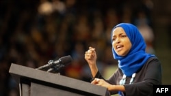 Minnesota's Representative Ilhan Omar speaks to the crowd during a rally for Democratic presidential hopeful Vermont Senator Bernie Sanders at The Saint Paul River Centre on March 2, 2020 in Saint Paul.