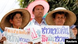 泰国农民在曼谷郊外举着标语抗议，要求总理英拉解决按照稻米补贴项目应该发放给他们的款项。（2014年2月6日资料照）
