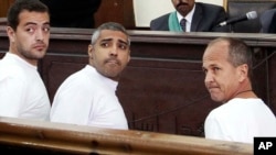 Produser Al-Jazeera Inggris Baher Mohamed, kiri, wartawan Kanada keturunan Mesir Mohammed Fahmy, tengah, dan koresponden Peter Greste, kanan, dalam sidang atas tuduhan teror, di Kairo, Mesir. (Foto: dok.) 