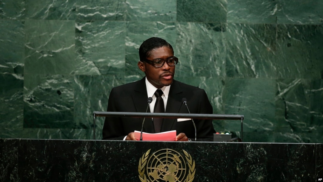 FILE -Teodoro Nguema Obiang Mangue, vice president of Equatorial Guinea, speaks during the 70th session of the United Nations General Assembly at UN headquarters, Sept. 30, 2015. 