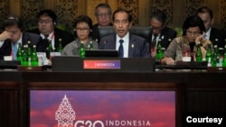 G20集團峰會東道主、印尼總統佐科發表歡迎講話。 （媒體聯訪照片）