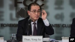 FILE - Former North Korean deputy ambassador to the U.K., Thae Yong-ho speaks with media at the Foreign Correspondents Club in Seoul, South Korea, Jan. 25, 2017. 