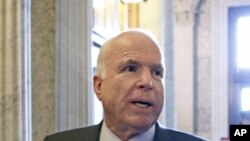 Senator John McCain talks to reporters on Capitol Hill, March 5, 2012.