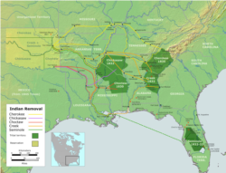 Map of the route of the Trails of Tears — depicting the route taken to relocate Native Americans from the Southeastern United States to Indian Territory (present-day Oklahoma) between 1836 and 1839. Wikipedia.