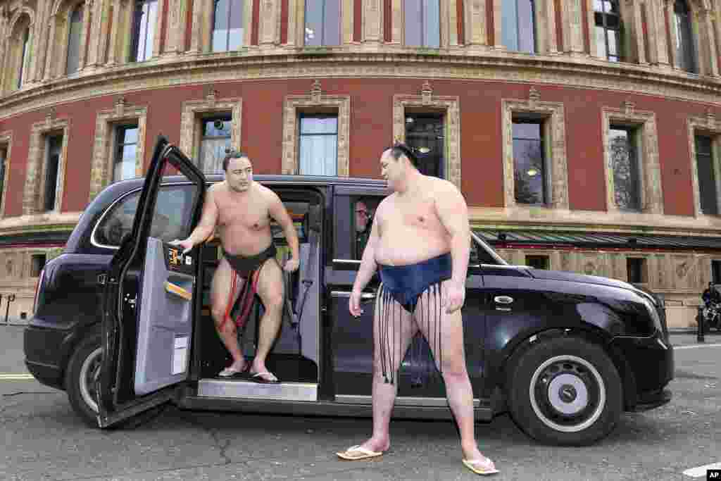 Rishikis from Japan's Sumo Kyokai, Daisuke Kitanowaka, right, and Akira Fukutsuumi pose for a photo call outside of London's Royal Albert Hall in London where the UK's second ever official basho will take place in October of next year.
