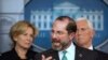 FILE - Health and Human Services Secretary Alex Azar, with White House coronavirus response coordinator Dr. Deborah Birx, left, and Vice President Mike Pence, speaks to reporters, March 2, 2020, in Washington.