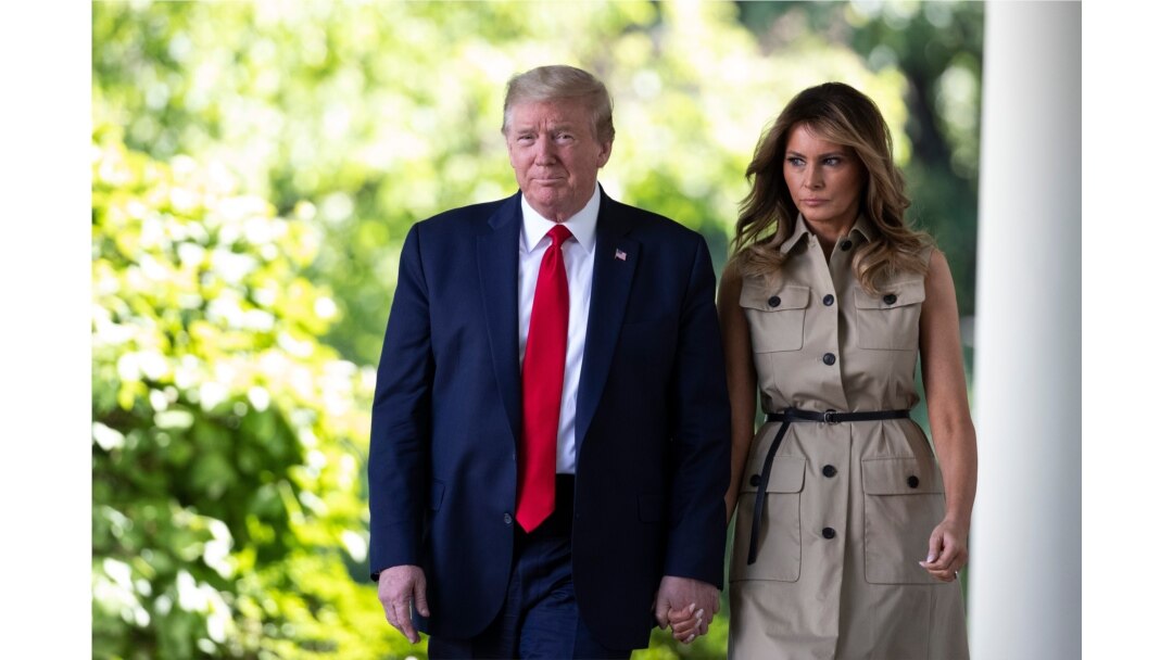 President Donald Trump and first lady Melania Trump arrive for a White House National Day of Prayer Service in the Rose Garden of the White House, May 7, 2020, in Washington.
