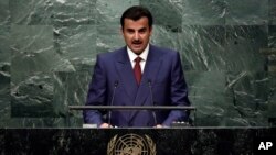 Raja Qatar Sheikh Tamim bin Hamad Al-Thani berbicara di Sidang Umum PBB, 20 September 2016, di New York.