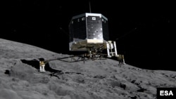 Gambar robot Philae memisahkan diri dari laboratorium induk Rosetta turun ke permukaan komet 67P/Churyumov-Gerasimenko, 2014.