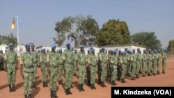 FILE - Cameroon troops line up at the U.N. MINUSCA base in Bossangoa, Central African Republic, Dec. 27, 2018. 