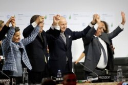 FILE - Participants react during the final plenary session at the World Climate Change Conference 2015 (COP21) at Le Bourget, near Paris, France, Dec. 12, 2015.