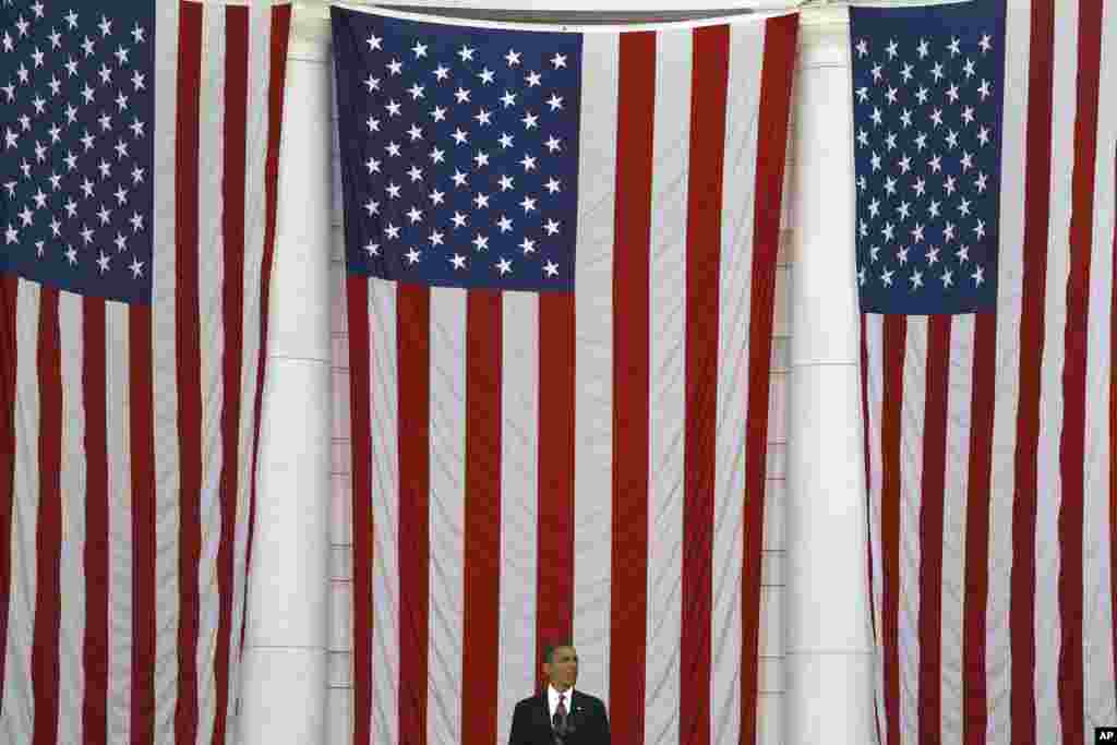 President Barack Obama speaks at the Memorial Day Observance at the Memorial Amphitheater at Arlington National Cemetery, May 28, 2012.